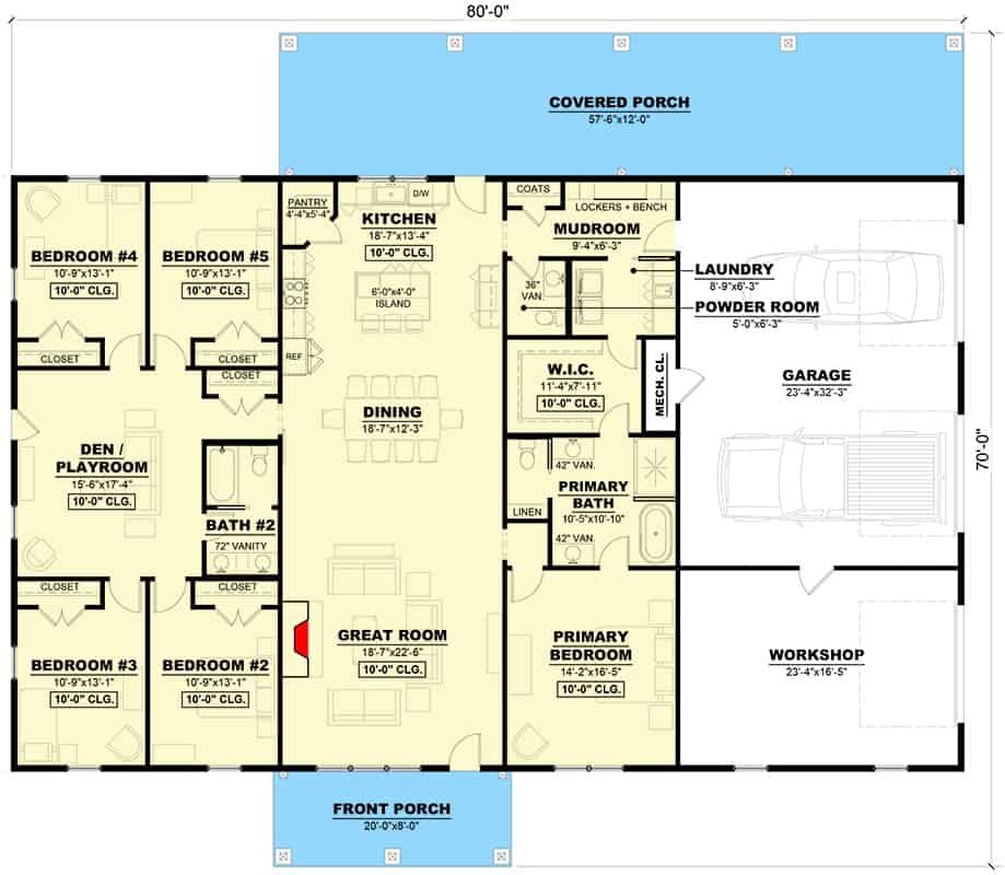 主级的平面图5-bedroom层楼的高山牧场,有大的房间,餐厅,厨房,书房/游戏室,寄存室,双车库车间。
