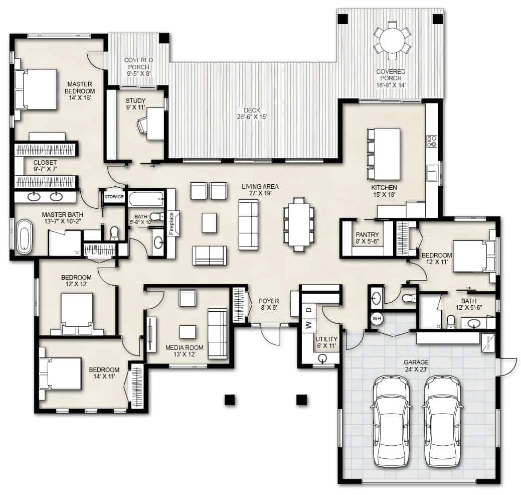 现代风格单层4卧室住宅的主平面平面图，设有门厅，起居区，厨房，媒体室，公用事业，前置式车库，以及后面的大量户外空间。