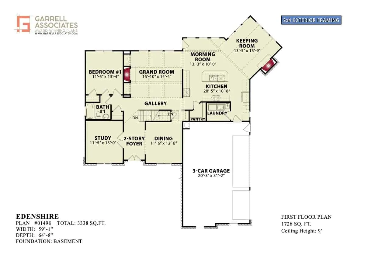 主级的平面图5-bedroom传统风格的两层Edenshire回家门厅,大房间,正式饭厅,厨房,早上的房间,起居室,卧室,洗衣服,和侧面加载能停三辆车库里。