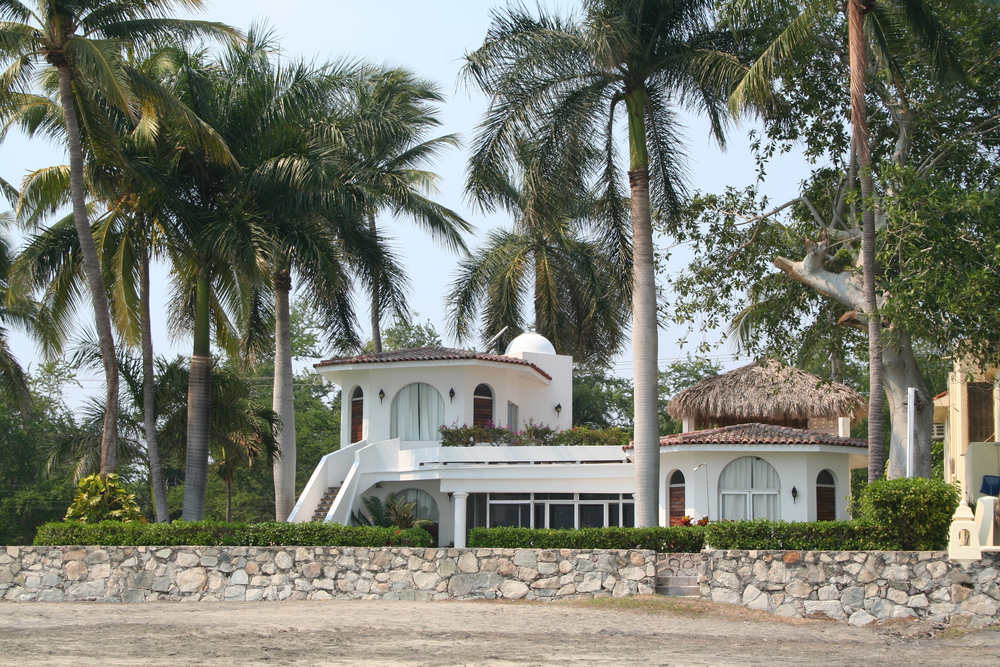 白色沙滩上的家有大片的棕榈树