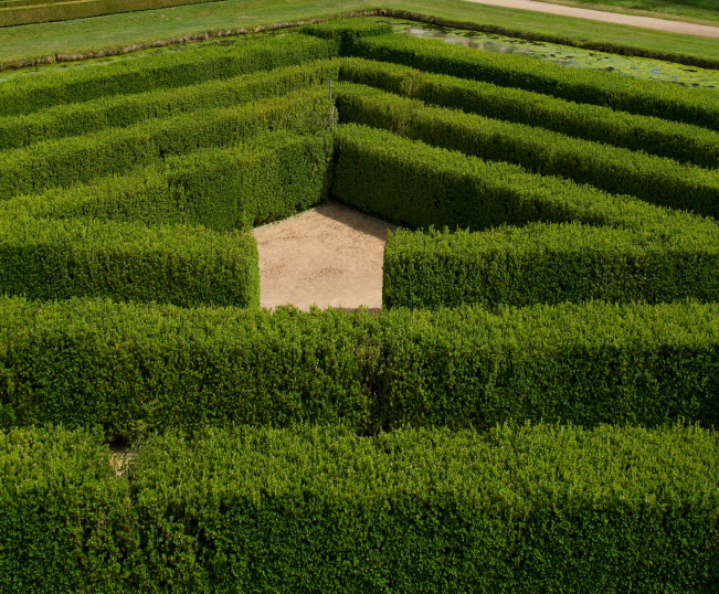 深绿色树篱迷宫，三角形设计